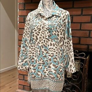 Chico's Teal and Brown Patterned Top with cream color also. Button top 100% poly